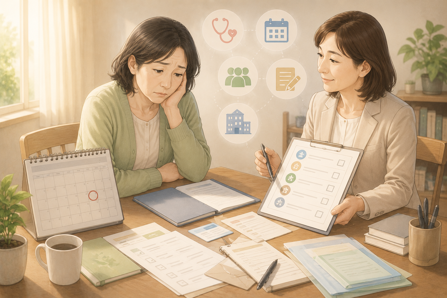体調不良で退職を考える方が書類とカレンダーを前に相談しているイメージ